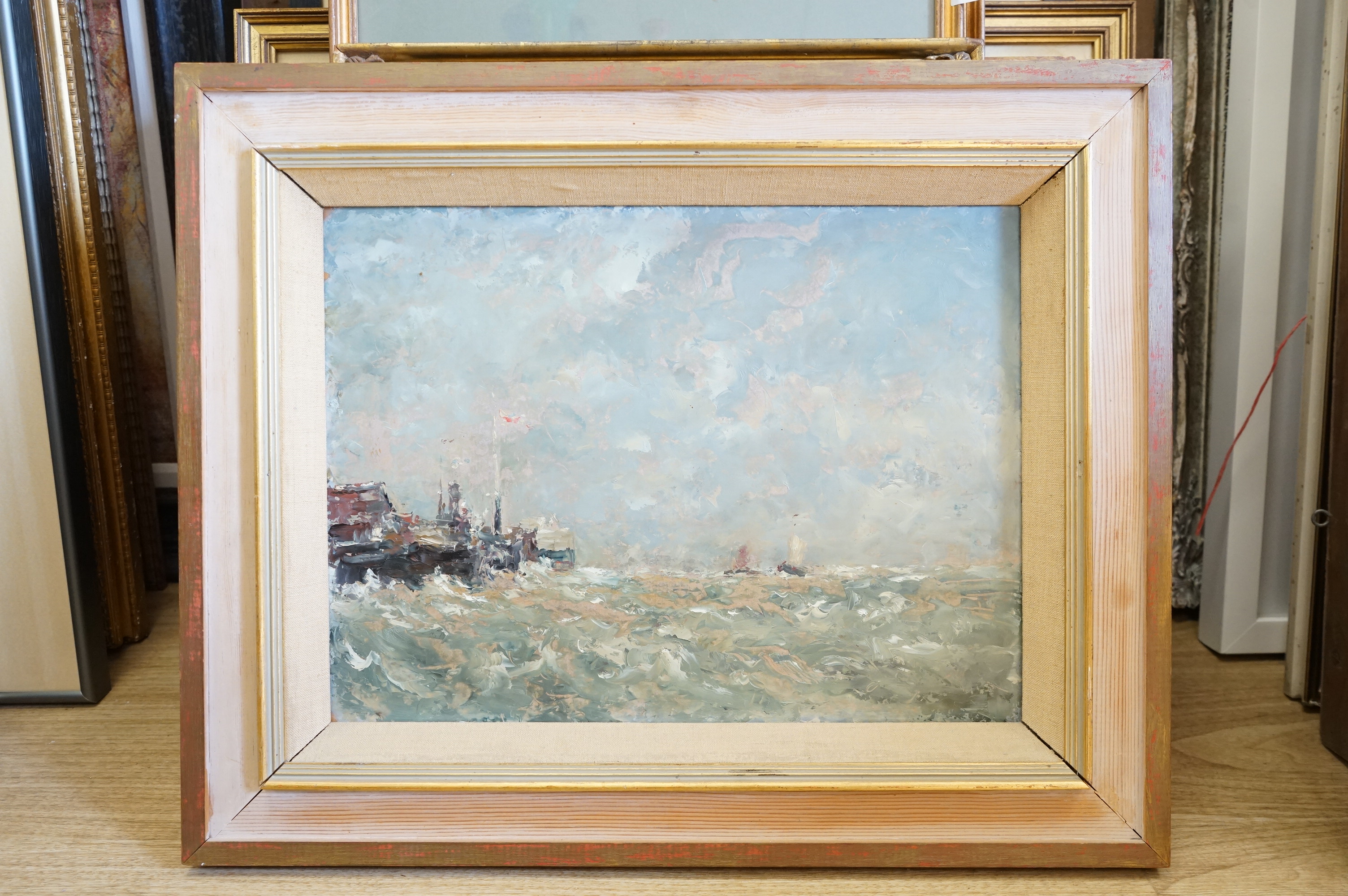 1930's Impressionist, oil on board, Coastal view with rough seas, unsigned, 29 x 39cm